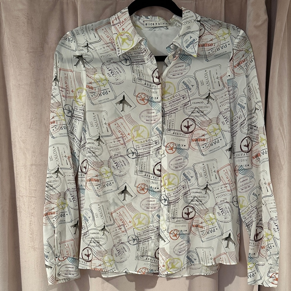 Alice + Olivia Multicolor Graphic Print Silk Shirt